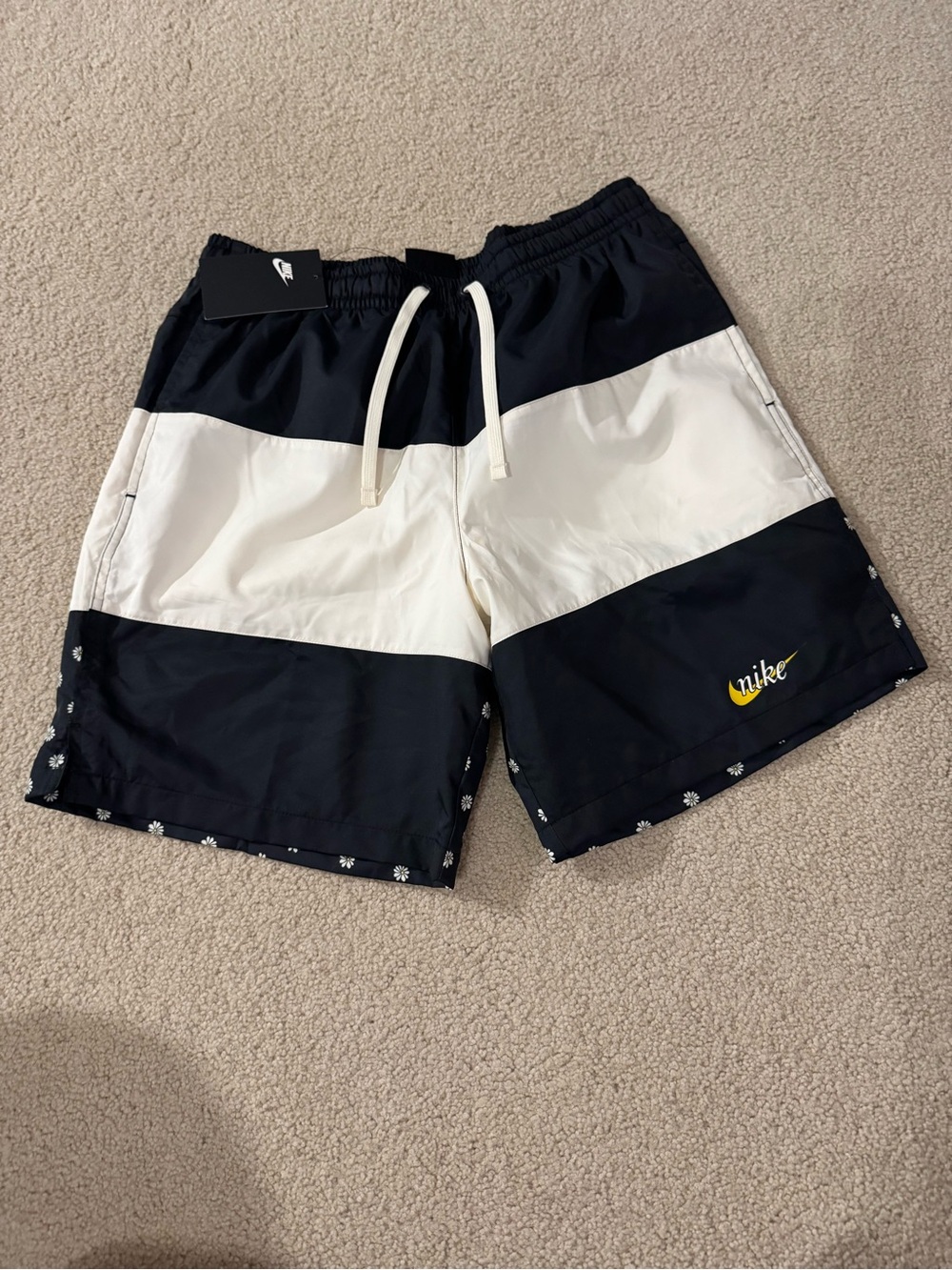 Nike Men’s Black & White Colorblock Athletic Shorts with Yellow Logo